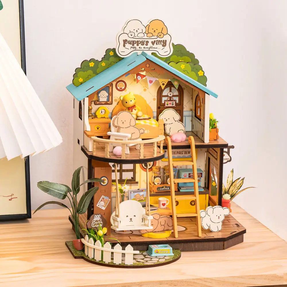 Robotime DIY Miniature Dollhouse Kit – Puppy's Cozy Villa with LED Lights, Furniture & Wooden Model for Adults & Kids, Creative DIY Gift - LauBelle Brand