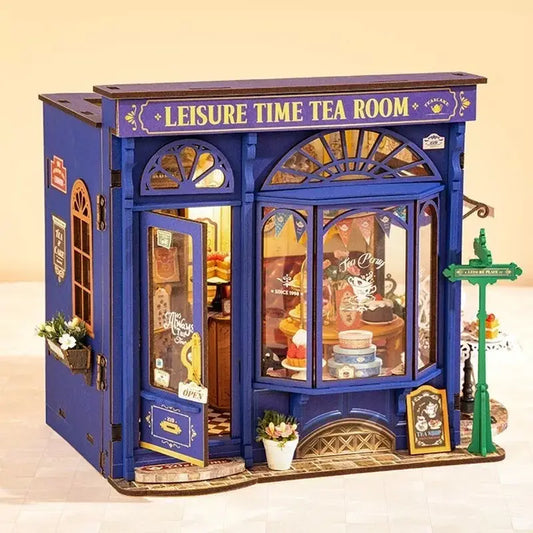 ROBOTIME DIY Miniature Dollhouse Kit - Tea Room With LED Lights And Furniture, Wooden Model Building Set - LauBelle Brand