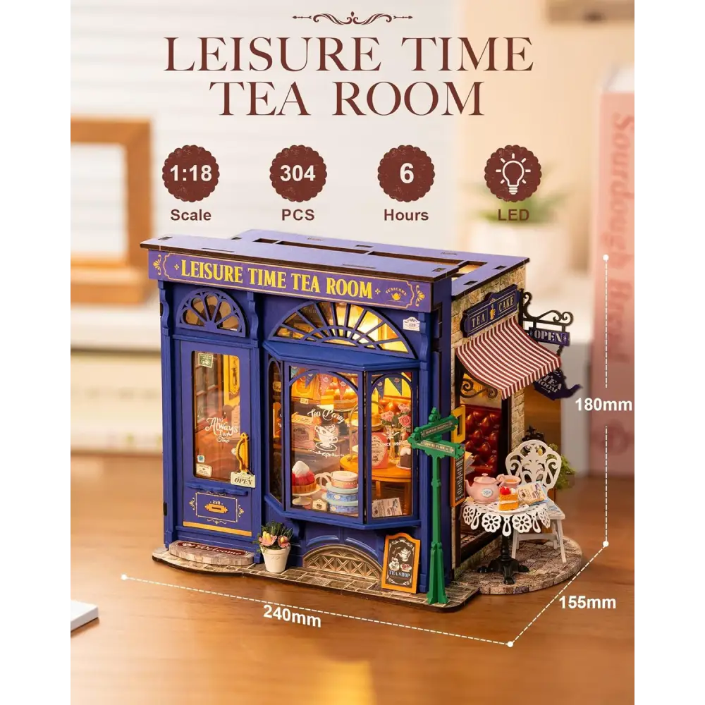 ROBOTIME DIY Miniature Dollhouse Kit - Tea Room With LED Lights And Furniture, Wooden Model Building Set - LauBelle Brand