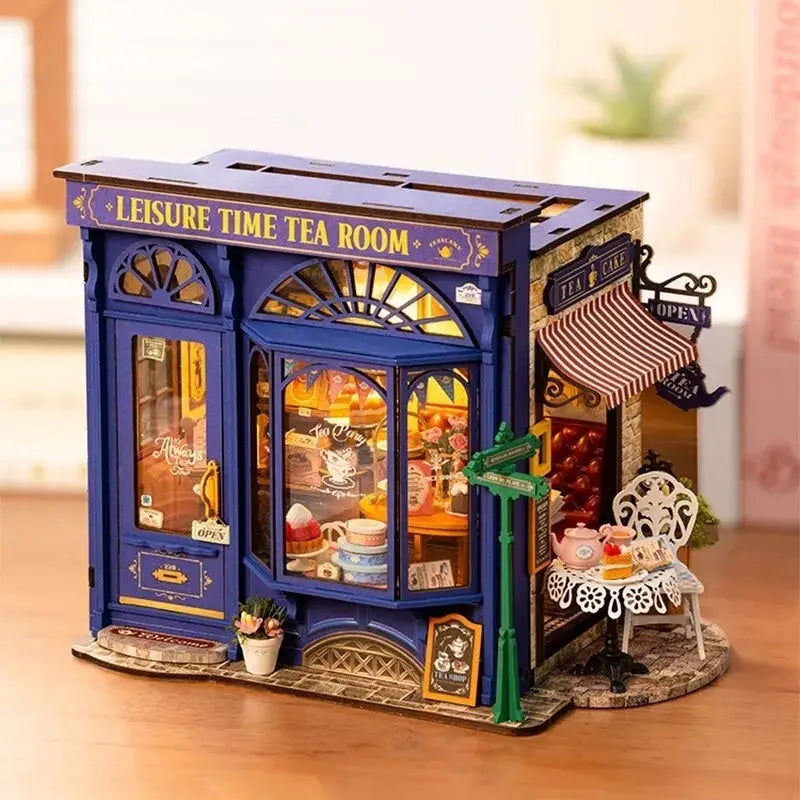 ROBOTIME DIY Miniature Dollhouse Kit - Tea Room With LED Lights And Furniture, Wooden Model Building Set - LauBelle Brand