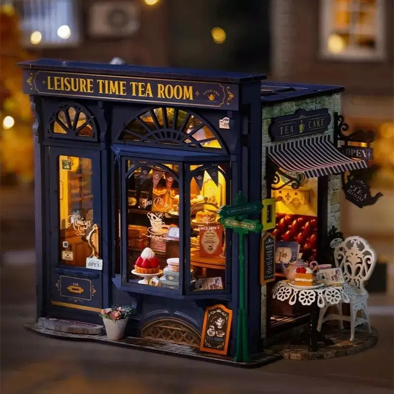 ROBOTIME DIY Miniature Dollhouse Kit - Tea Room With LED Lights And Furniture, Wooden Model Building Set - LauBelle Brand