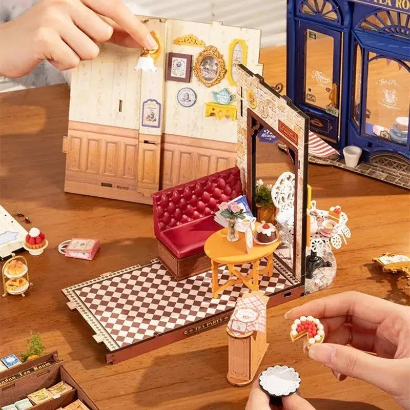 ROBOTIME DIY Miniature Dollhouse Kit - Tea Room With LED Lights And Furniture, Wooden Model Building Set - LauBelle Brand