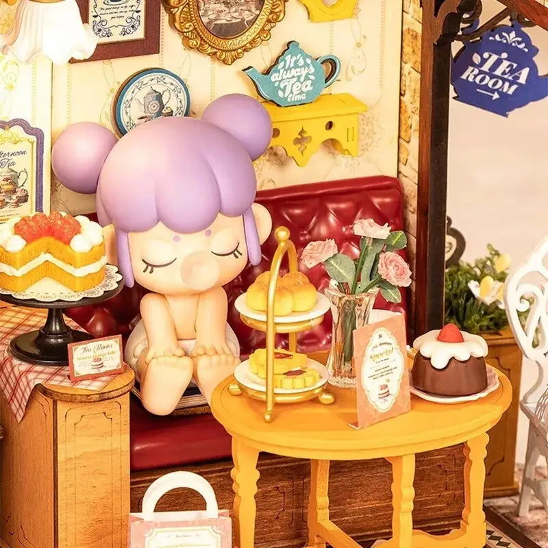 ROBOTIME DIY Miniature Dollhouse Kit - Tea Room With LED Lights And Furniture, Wooden Model Building Set - LauBelle Brand