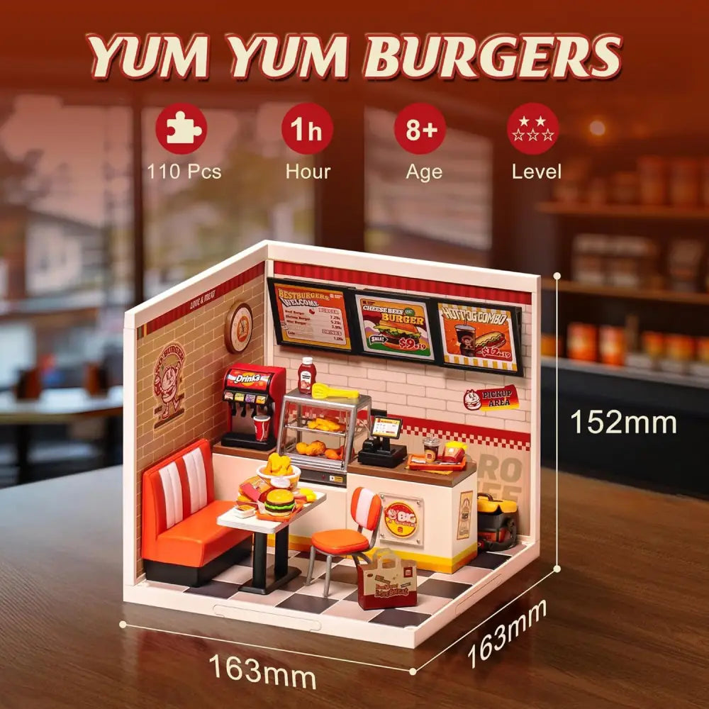 ROBOTIME 3D Puzzle Yum Burgers DIY Miniature Dollhouse Kit with LED 110 Pieces - LauBelle Brand