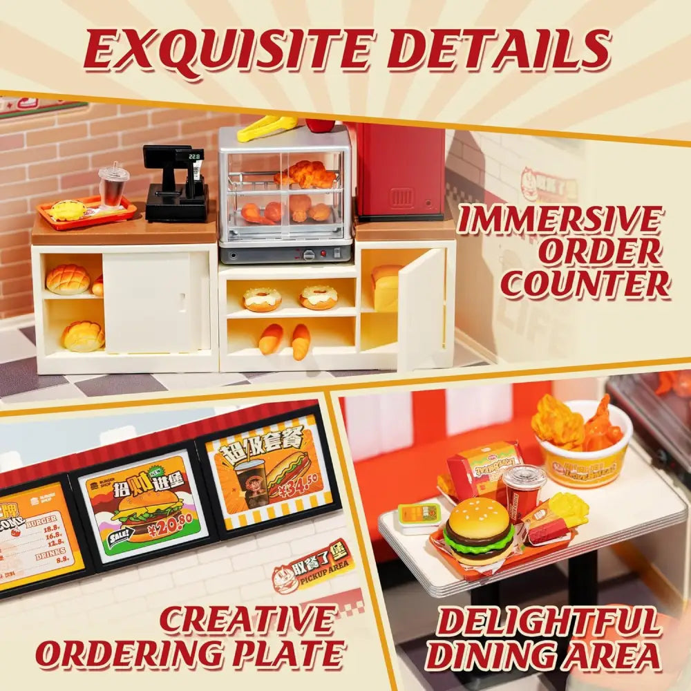 ROBOTIME 3D Puzzle Yum Burgers DIY Miniature Dollhouse Kit with LED 110 Pieces - LauBelle Brand