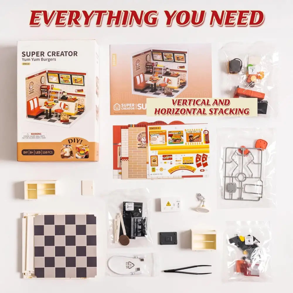 ROBOTIME 3D Puzzle Yum Burgers DIY Miniature Dollhouse Kit with LED 110 Pieces - LauBelle Brand