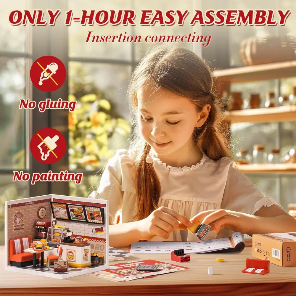 ROBOTIME 3D Puzzle Yum Burgers DIY Miniature Dollhouse Kit with LED 110 Pieces - LauBelle Brand