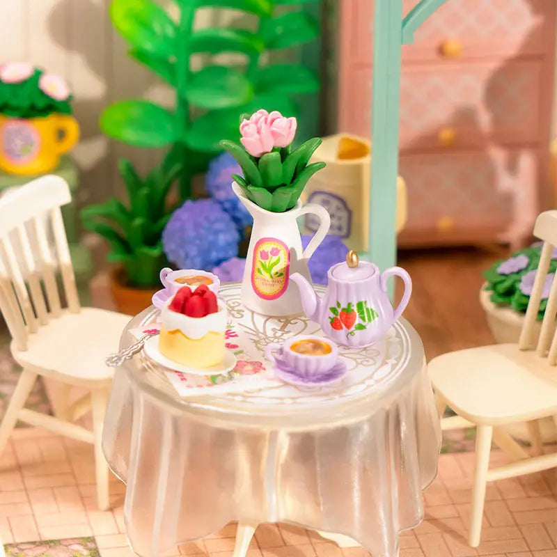 ROBOTIME DIY Miniature House Kit Dollhouse Model Building Craft Kit Blooming Tea Garden - LauBelle Brand