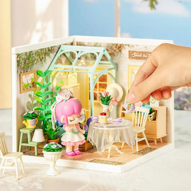 ROBOTIME DIY Miniature House Kit Dollhouse Model Building Craft Kit Blooming Tea Garden - LauBelle Brand