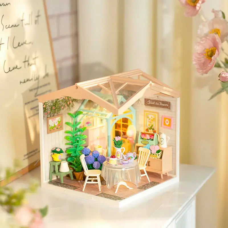 ROBOTIME DIY Miniature House Kit Dollhouse Model Building Craft Kit Blooming Tea Garden - LauBelle Brand