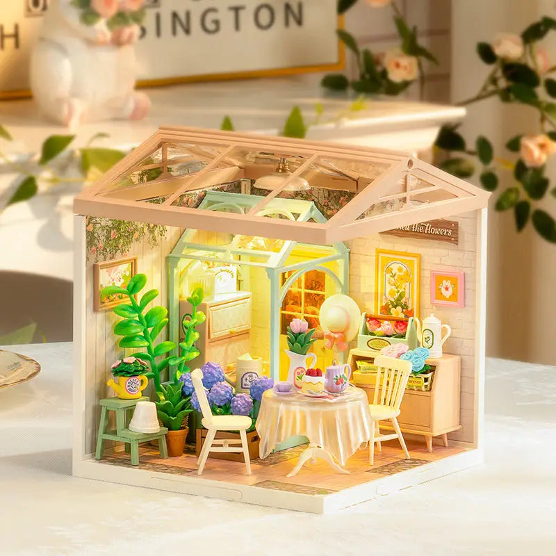 ROBOTIME DIY Miniature House Kit Dollhouse Model Building Craft Kit Blooming Tea Garden - LauBelle Brand