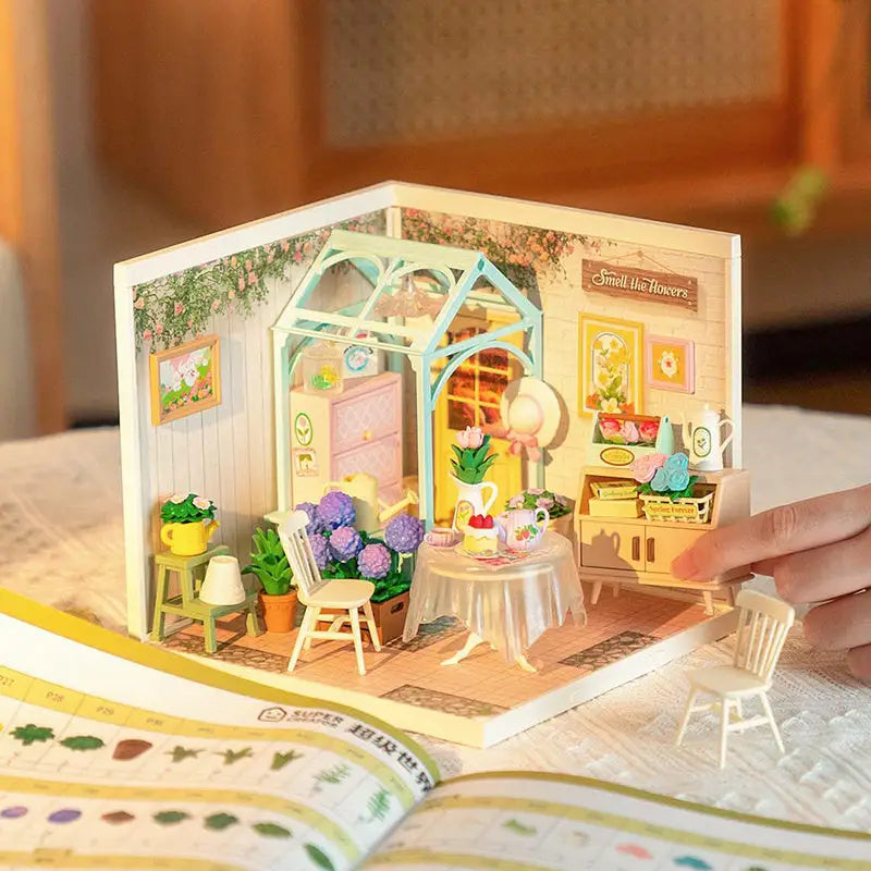 ROBOTIME DIY Miniature House Kit Dollhouse Model Building Craft Kit Blooming Tea Garden - LauBelle Brand