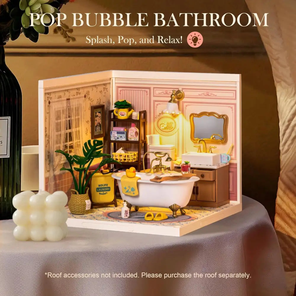 ROBOTIME DIY Miniature House Kit Dollhouse Model Building Craft Kit Pop-Bubble Bathroom - LauBelle Brand