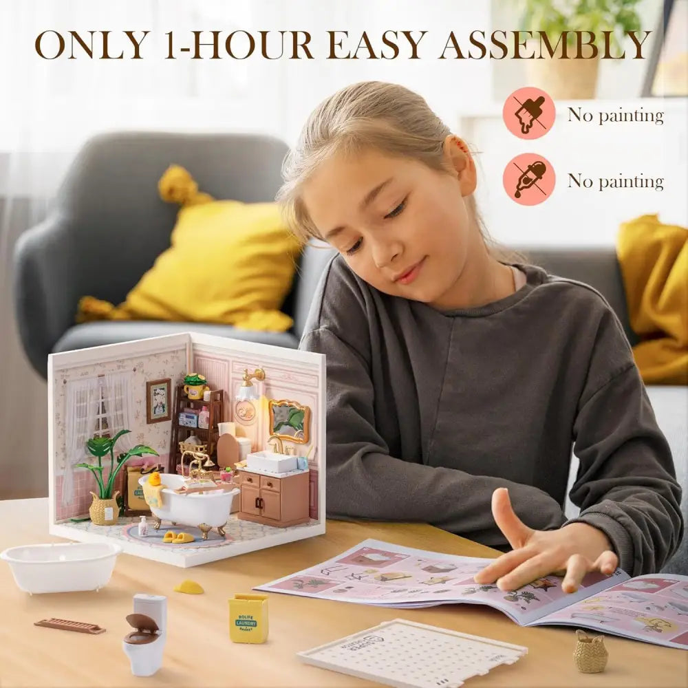 ROBOTIME DIY Miniature House Kit Dollhouse Model Building Craft Kit Pop-Bubble Bathroom - LauBelle Brand