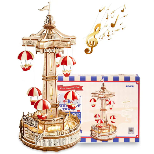 Robotime Rokr Parachute Tower DIY Music Box Building Block Amusement Park Series 335 Piece Assembly Kit - LauBelle Brand