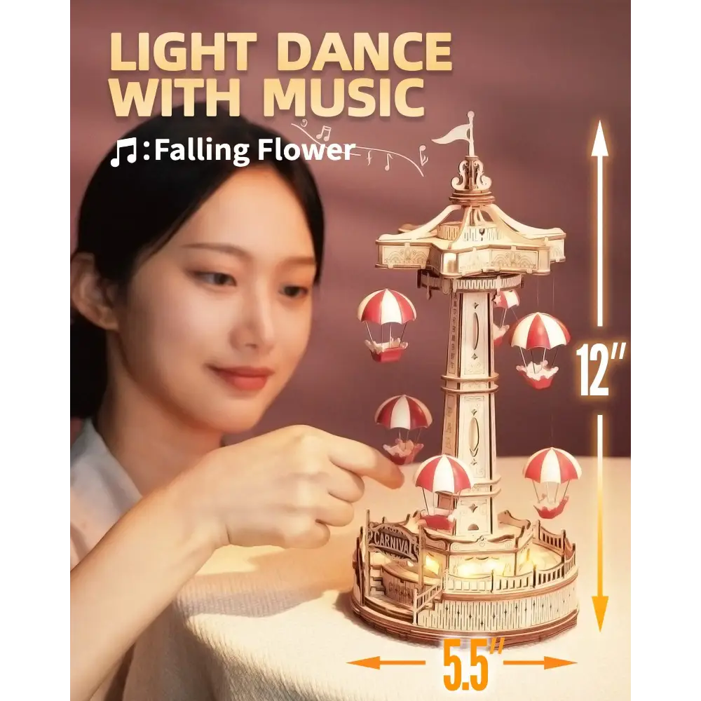 Robotime Rokr Parachute Tower DIY Music Box Building Block Amusement Park Series 335 Piece Assembly Kit - LauBelle