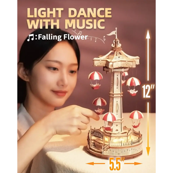 Robotime Rokr Parachute Tower DIY Music Box Building Block Amusement Park Series 335 Piece Assembly Kit - LauBelle