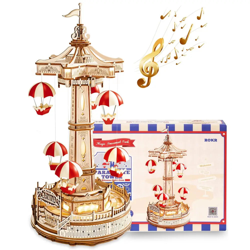 Robotime Rokr Parachute Tower DIY Music Box Building Block Amusement Park Series 335 Piece Assembly Kit - LauBelle Brand