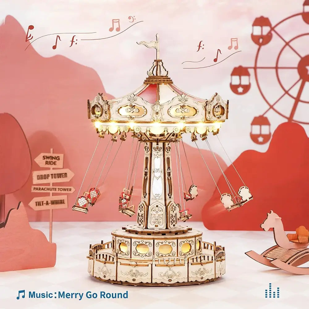 Robotime Rokr Magic Amusement Park Swing Ride 3D Wooden Puzzles Construction Model Kit DIY Music Box Rotating Building Kit - LauBelle