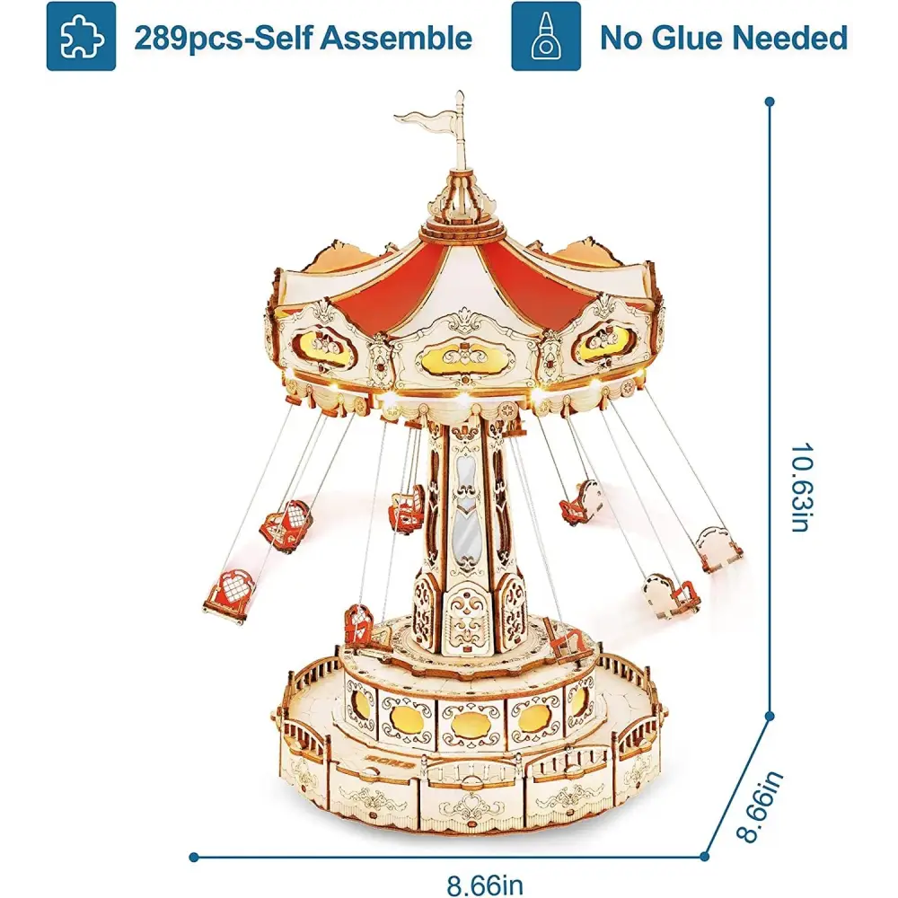 Robotime Rokr Magic Amusement Park Swing Ride 3D Wooden Puzzles Construction Model Kit DIY Music Box Rotating Building Kit - LauBelle Brand