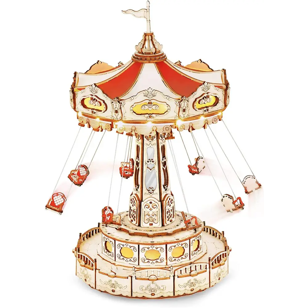 Robotime Rokr Magic Amusement Park Swing Ride 3D Wooden Puzzles Construction Model Kit DIY Music Box Rotating Building Kit - LauBelle Brand