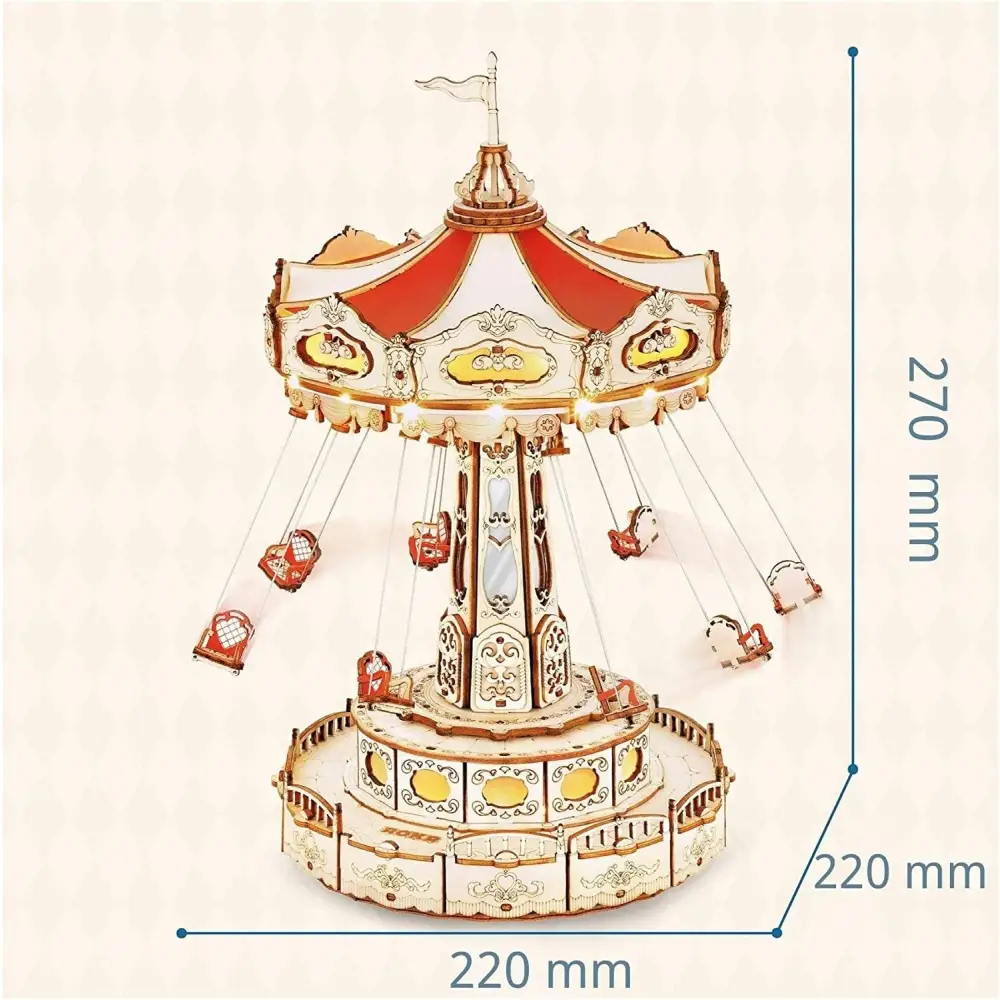 Robotime Rokr Magic Amusement Park Swing Ride 3D Wooden Puzzles Construction Model Kit DIY Music Box Rotating Building Kit - LauBelle Brand