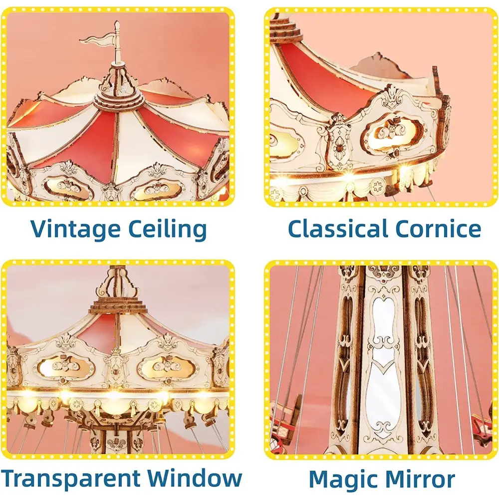Robotime Rokr Magic Amusement Park Swing Ride 3D Wooden Puzzles Construction Model Kit DIY Music Box Rotating Building Kit - LauBelle Brand