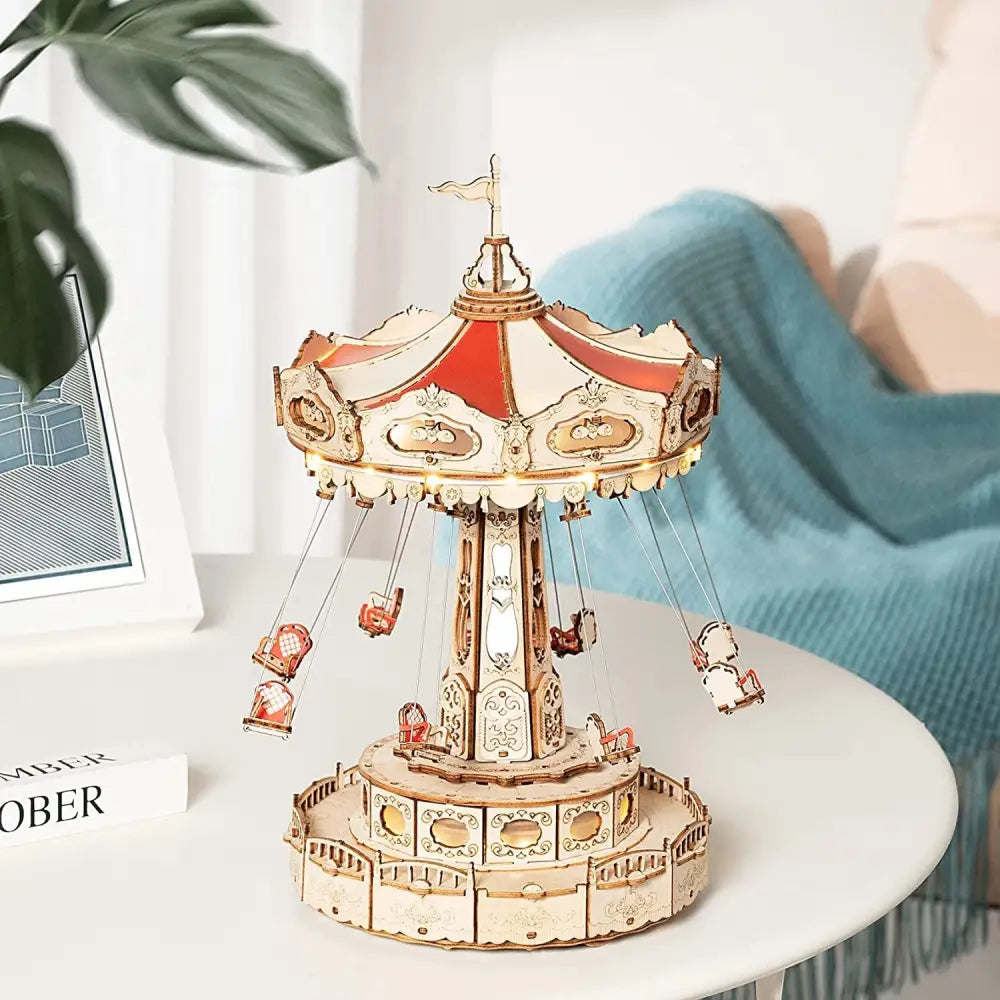 Robotime Rokr Magic Amusement Park Swing Ride 3D Wooden Puzzles Construction Model Kit DIY Music Box Rotating Building Kit - LauBelle Brand