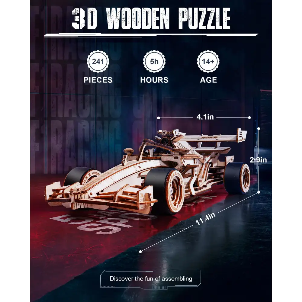 ROBOTIME 3D Wooden Puzzle Racing Car Model Kits with Mechanical Roaring Engine - LauBelle Brand