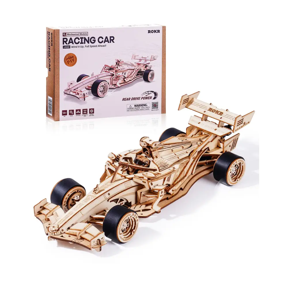 ROBOTIME 3D Wooden Puzzle Racing Car Model Kits with Mechanical Roaring Engine - LauBelle