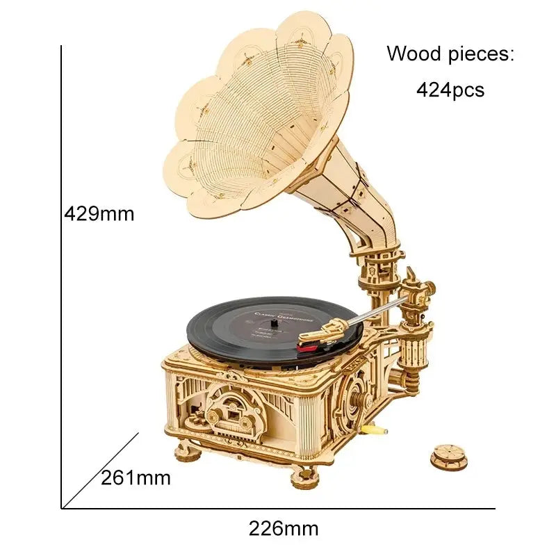 Robotime ROKR DIY Hand Crank Classic Gramophone Wooden Puzzle Model - LauBelle