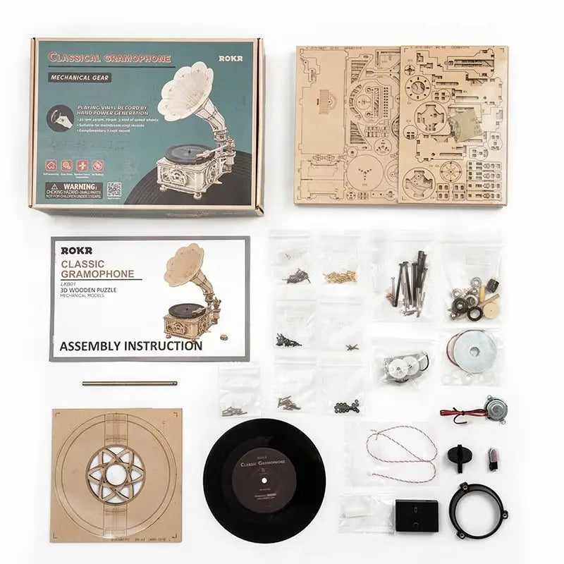 Robotime ROKR DIY Hand Crank Classic Gramophone Wooden Puzzle Model - LauBelle Brand