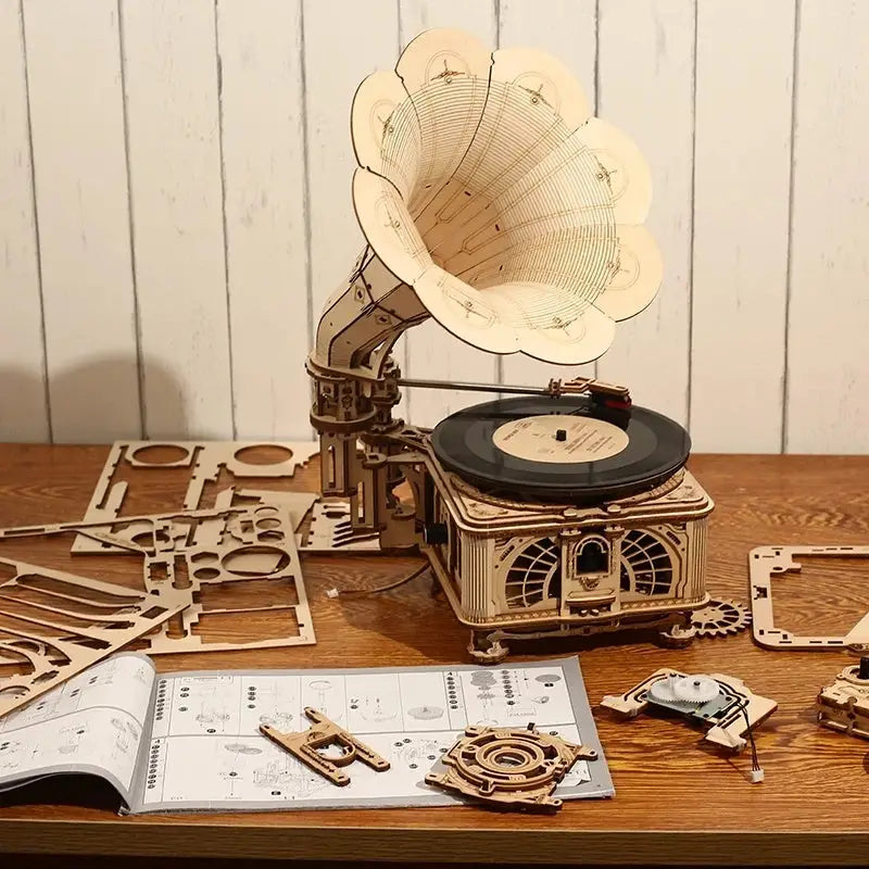 Robotime ROKR DIY Hand Crank Classic Gramophone Wooden Puzzle Model - LauBelle Brand