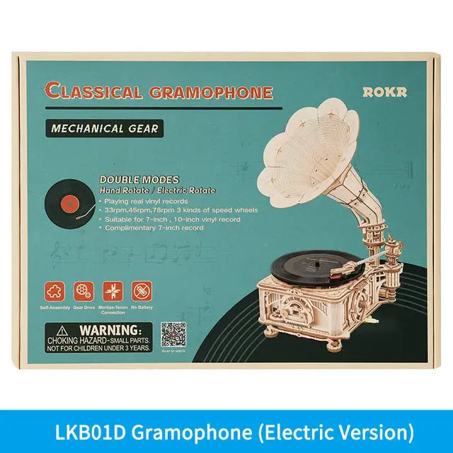 Robotime ROKR DIY Hand Crank Classic Gramophone Wooden Puzzle Model - LauBelle Brand