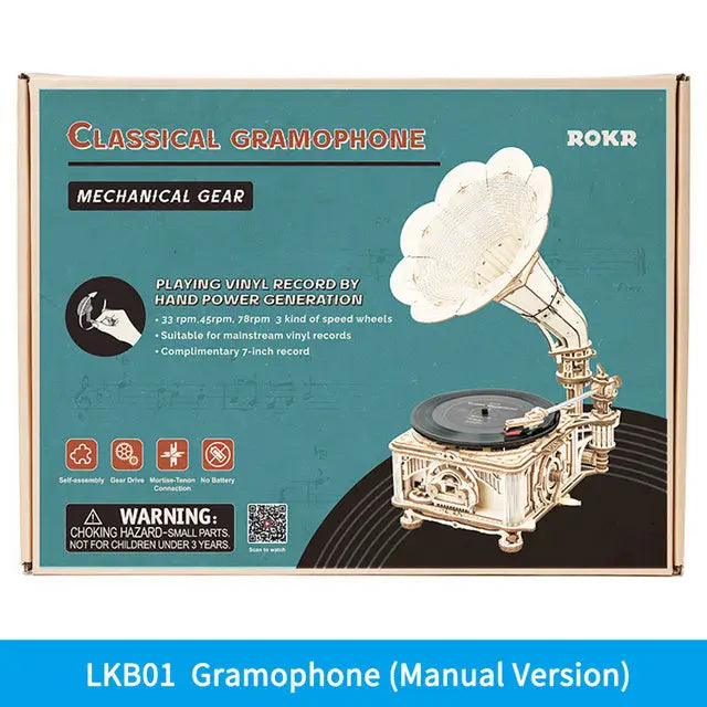 Robotime ROKR DIY Hand Crank Classic Gramophone Wooden Puzzle Model - LauBelle Brand