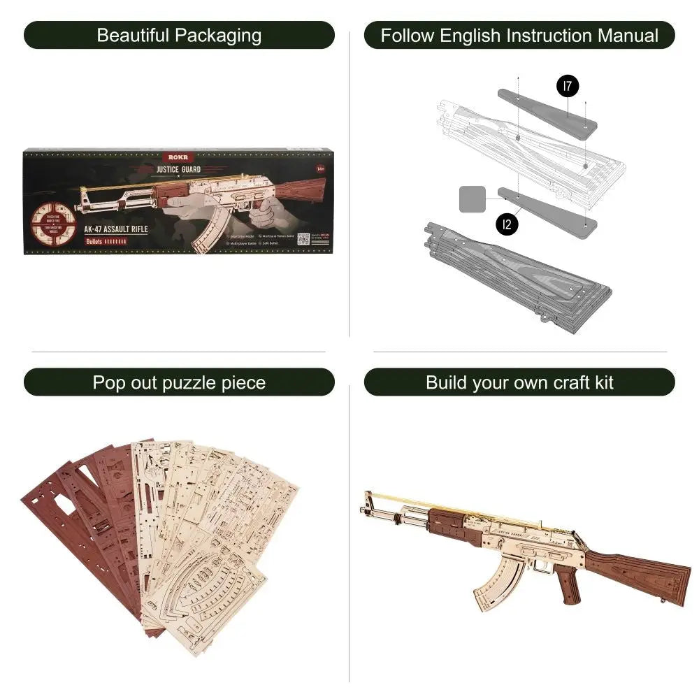 Rokr Automatic Rifle AK-47 3D Wooden Puzzle Gun Double Firing Model - LauBelle Brand