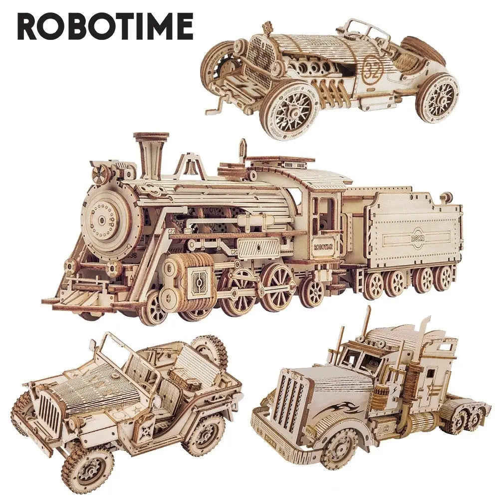 Robotime ROKR 3D Wooden Vehicle Model Kits – DIY Train, Car, Jeep & Truck Puzzles for Adults & Kids 308 Pieces - LauBelle