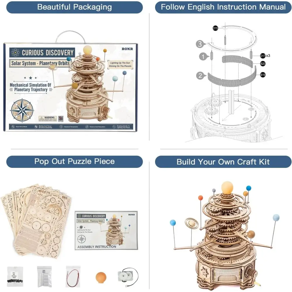 Robotime ROKR 316PCS Rotatable Mechanical Orrery 3D Wooden Puzzle Assemble Model Building Kits - LauBelle Brand
