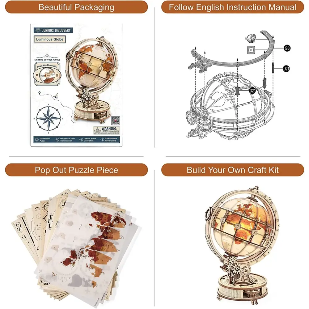 ROKR 3D Wooden Luminous Globe Puzzle – 180PCS Model Building Kit, Educational Toy for Kids & Adults - LauBelle Brand