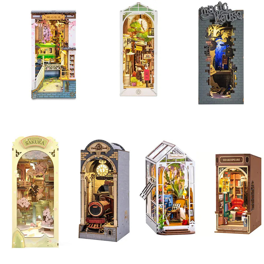 Robotime Rolife Book Nook Series 3D Puzzles – 7 DIY Wooden Miniature House Kits with LED, Creative Bookshelf Insert Diorama Decoration - LauBelle