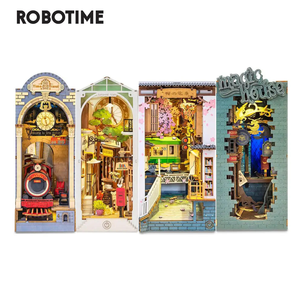 Robotime Rolife Book Nook Series 3D Puzzles – 7 DIY Wooden Miniature House Kits with LED, Creative Bookshelf Insert Diorama Decoration - LauBelle Brand