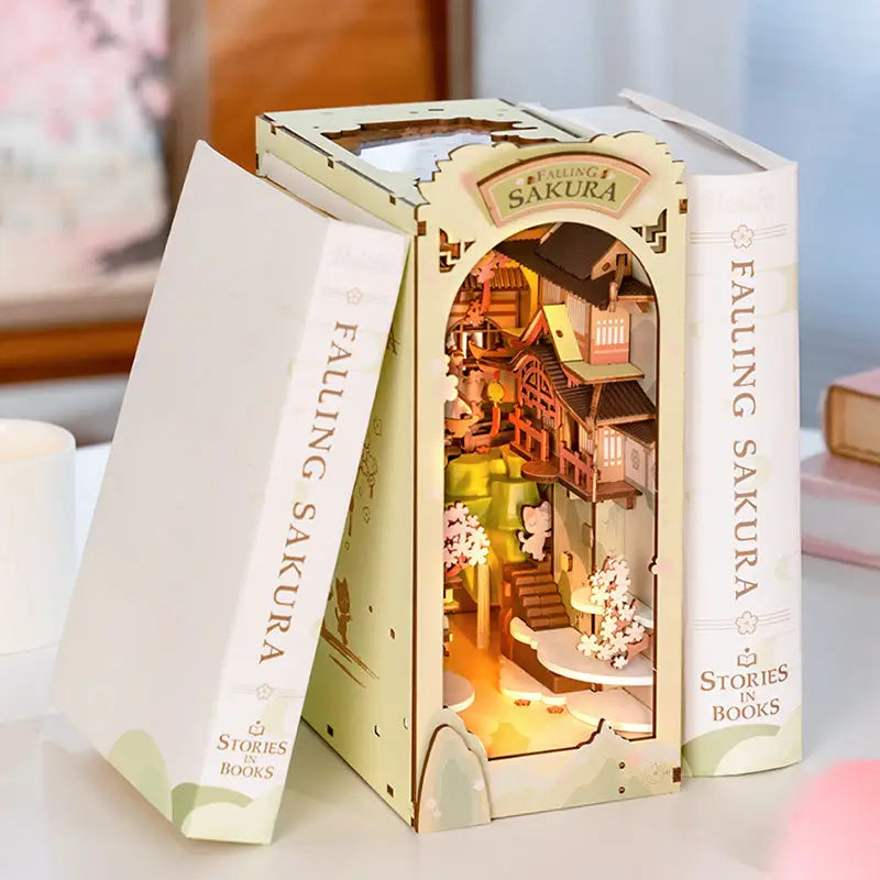 Robotime Rolife Book Nook Series 3D Puzzles – 7 DIY Wooden Miniature House Kits with LED, Creative Bookshelf Insert Diorama Decoration - LauBelle Brand