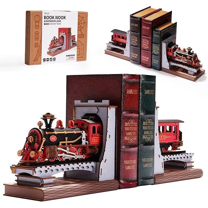 ROBOTIME Century Train Book Nook – DIY 3D Wooden Puzzle Bookend Kit & Bookshelf Decoration - LauBelle