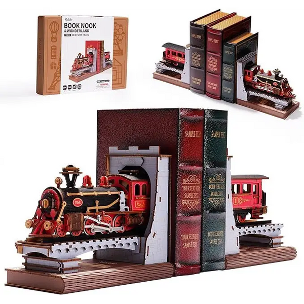 ROBOTIME Century Train Book Nook – DIY 3D Wooden Puzzle Bookend Kit & Bookshelf Decoration - LauBelle