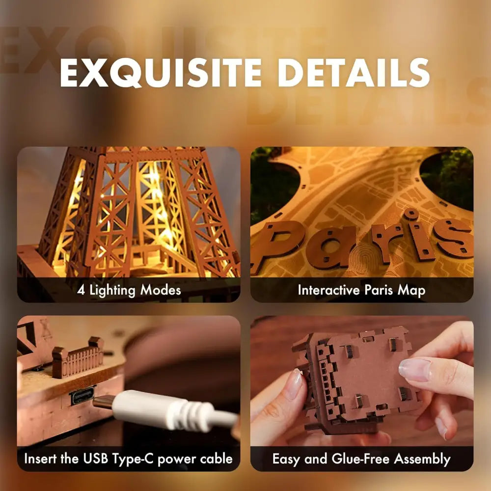 ROBOTIME Rolife Night Of The Eiffel Tower Large Wooden Puzzle With 4 Light Shows - LauBelle Brand