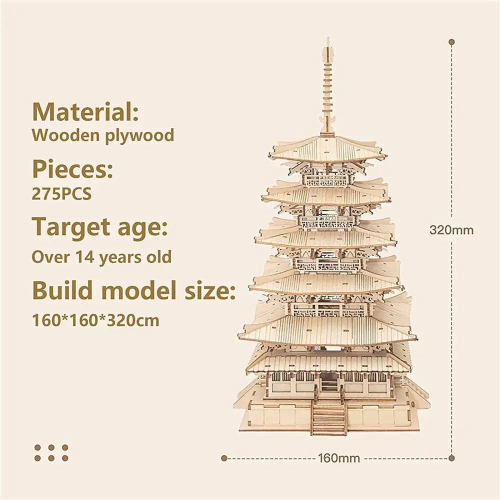 Robotime Five-storied Pagoda 3D Wooden Model Kit 275 Pieces - LauBelle Brand