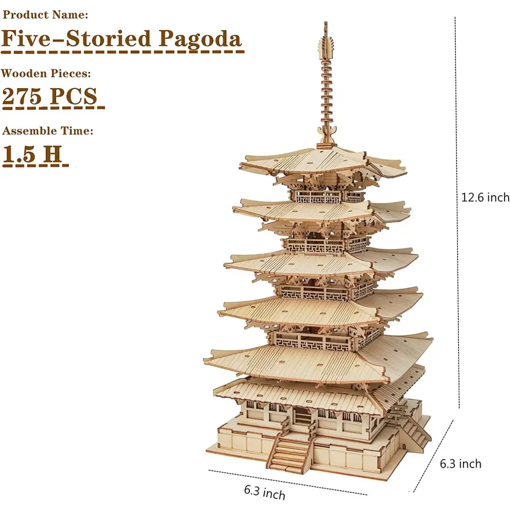 Robotime Five-storied Pagoda 3D Wooden Model Kit 275 Pieces - LauBelle Brand