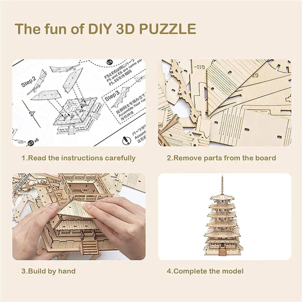 Robotime Five-storied Pagoda 3D Wooden Model Kit 275 Pieces - LauBelle Brand