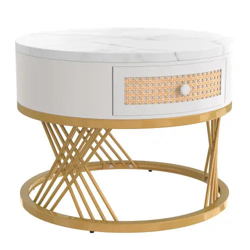2 in 1 Round Coffee Table with Marble Top and Rattan Drawers - LauBelle