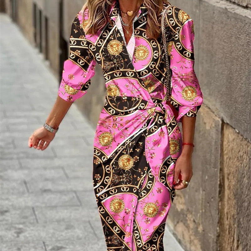 Chic Print Belted Slim Shirt Dress—3/4 Sleeve Lapel - LauBelle